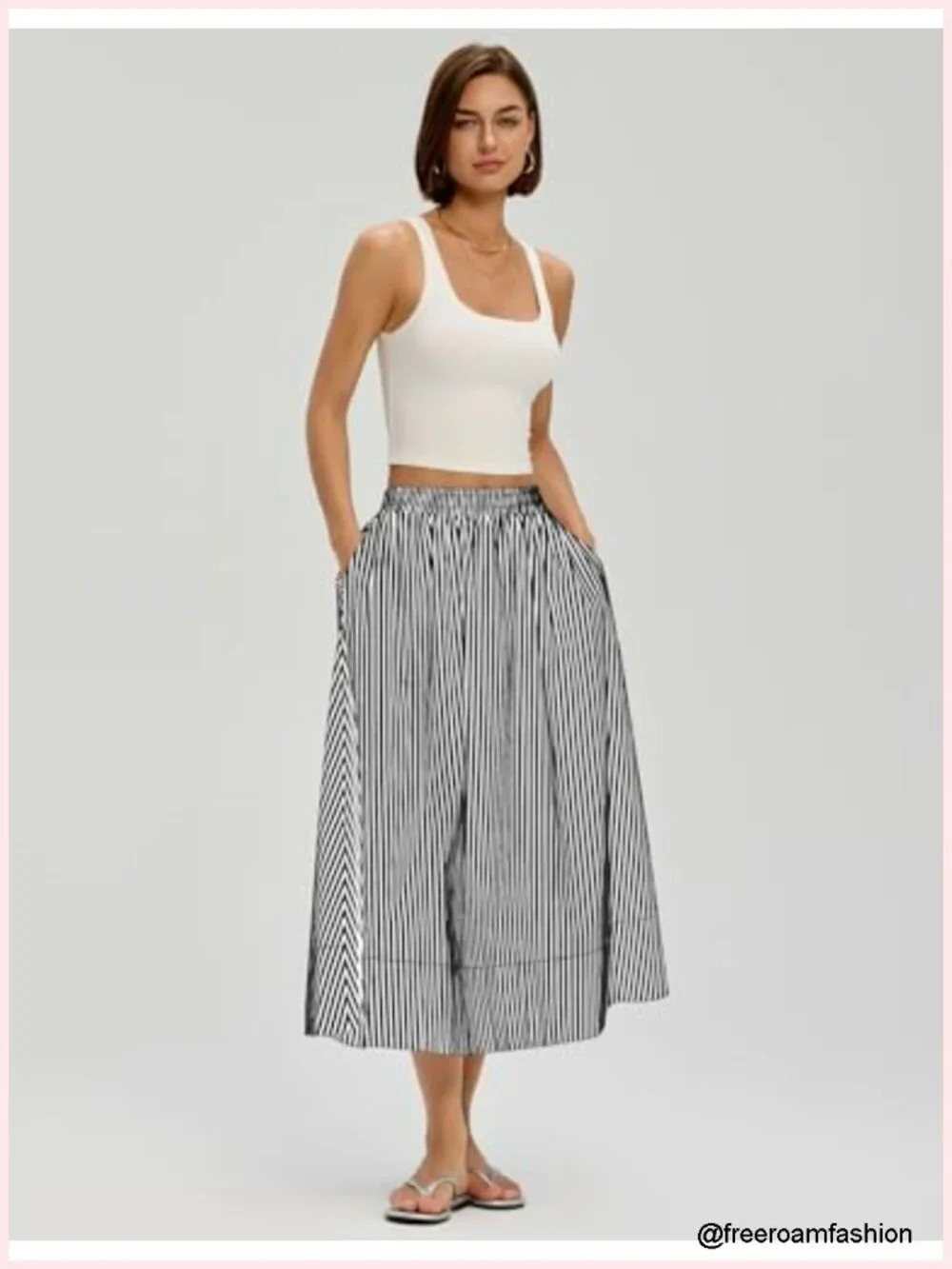 Midi Skirt A-Line Cotton Flowy Elastic Waist with Pockets Summer Casual